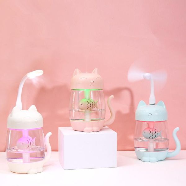 

humidifiers 350ml cat air humidifier with color led light ultrasonic 3 in 1 adorable eat fish humidificador usb aroma diffuser fogger