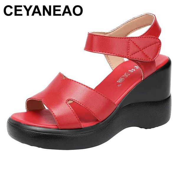 

summer mother sandals elderly fashion casual leather female wedge hollow large size women 34--43, Black