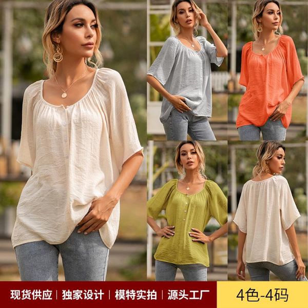 

summer button square collar loose short sleeve shirt for women women's t-shirt, White
