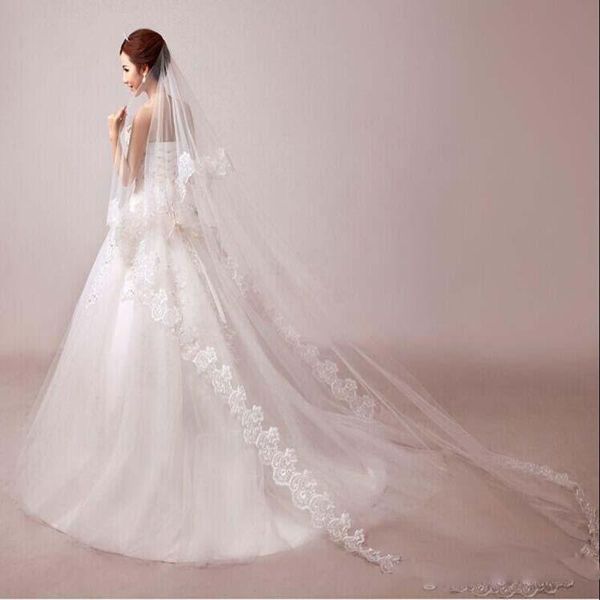 

bridal veils real image in stock 1 layer white ivory tulle 3m chapel lace applique for wedding dresses party gowns a, Black