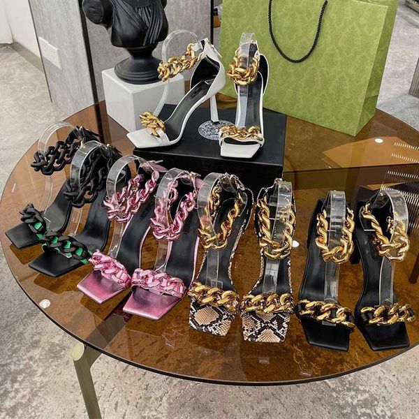 

womens elegant high heel leather sandal summer fashion square toe chain strap ankle sandals, Black