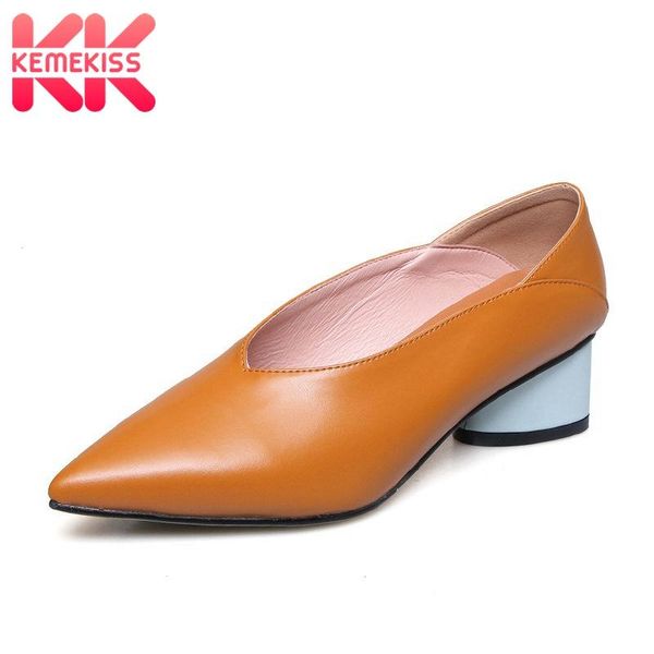 

dress shoes kemekiss real leather women pumps thick heel shallow fashion office lady pointed toe casual footwear size 34-39, Black