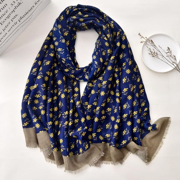 

scarves royalmaybe foreign trade export scarf cotton tibetan blue flower printing long section warm gauze factory wholesale, Blue;gray