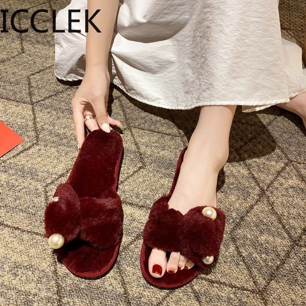 

winter woman furry slippers slip on luxury fur warm shoes non-slip home slides bow pearl flats female comfortable house shoes 210428, Black