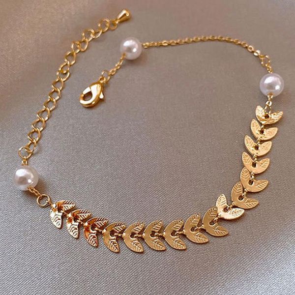 

link, chain wheat ear leaf pearl bracelet ins niche design sisters retractable pull type female 1pc, Black