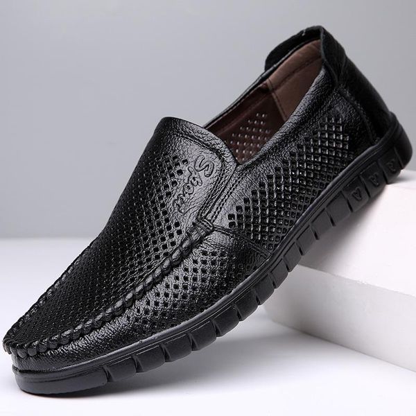 

sandals summer breathable mesh shoes italy loafers mens casual genuine leather slip on brand man soft comfortable ghn7, Black