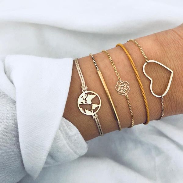 

link, chain 5 pcs/set bohemian retro bangle peach heart map flower geometric weave bracelet set women exquisite beach party gift jewelry, Black
