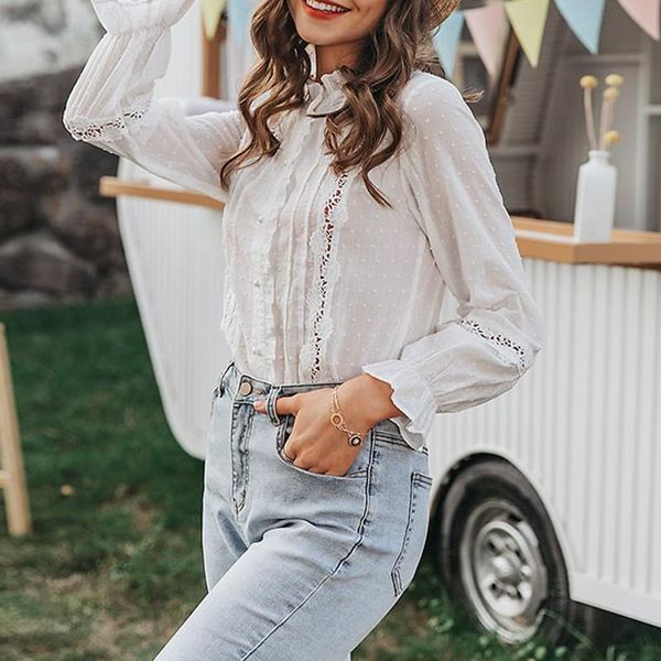 

women's blouses & shirts white women blouse elegant workwear female blusas solid color long sleeve clothes fashion lace hollow out