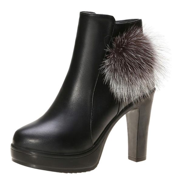 

shoes woman high heel round head leather ball zipper overheight with four seasons autumn dress, Black