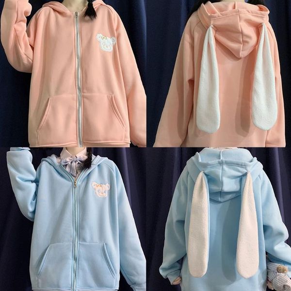 

women's hoodies & sweatshirts women cartoon bear zip hooded jacket plush ears oversized sweatshirt coat, Black