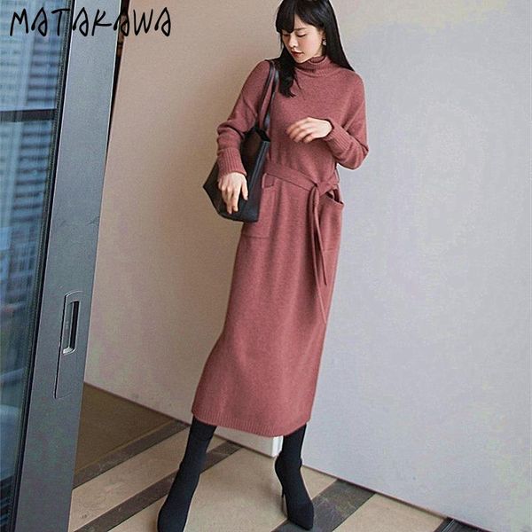 

casual dresses matakawa turtleneck loose knit sweater women dress 2021 autumn and winter sweet femme robe japanese fashion women's, Black;gray