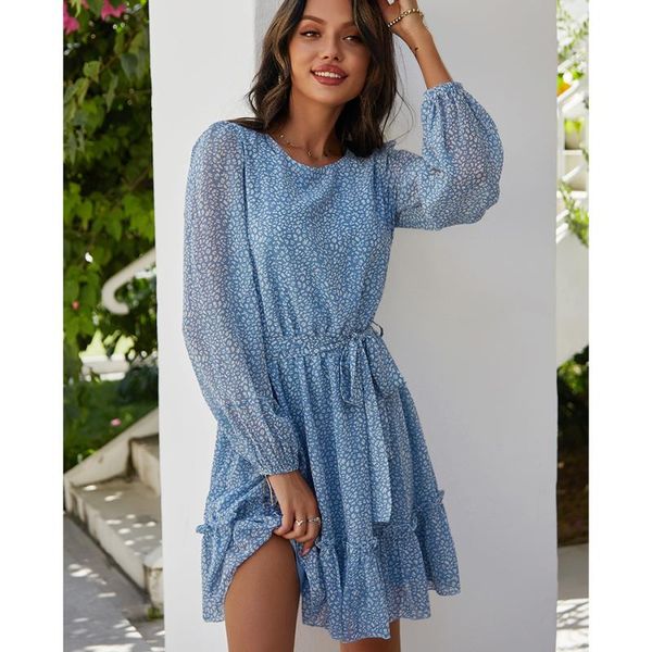 

casual dresses gxds polka dot slim dress women 2021 autumn o-neck bow-kont belt ruffle a-line elegant boho style five color long sleeve, Black;gray