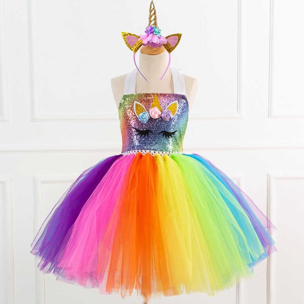 

children's sets halloween cosplay rainbow sequin dress princess dress, White