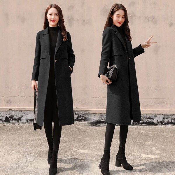 

women's wool & blends 2021 autumn winter women fashion long sleeve woolen coats female mid-long loose outerwear ladies solid color jack, Black