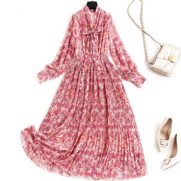 

casual dresses spring summer long sleeve round neck floral print chiffon ribbon tie bow pleated mid-calf dress elegant 21j1416639 xp1d, Black;gray