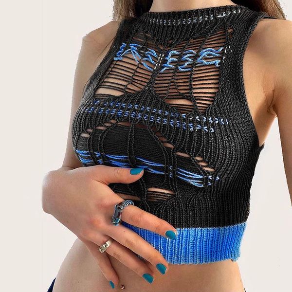

women's tanks & camis 2021 summer knit crop women black hollow out y2k sleeveless casual white beach off shoulder tank