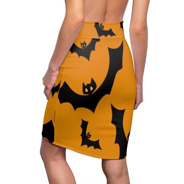 

women halloween clothing above knee slim skirt ladies bat printed bodycon pumpkin female dress up skirts, Black