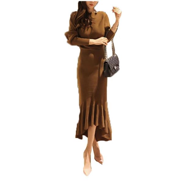 

casual dresses autumn winter knitted dress women 19 korean black maroon high waist round neck long sleeve fashion slim feminina lr628, Black;gray