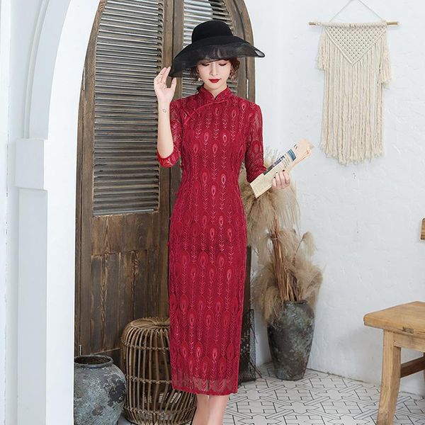 

cheongsam improved version elegant lace temperament girl chinese style dress plus size qipao ethnic clothing, Red