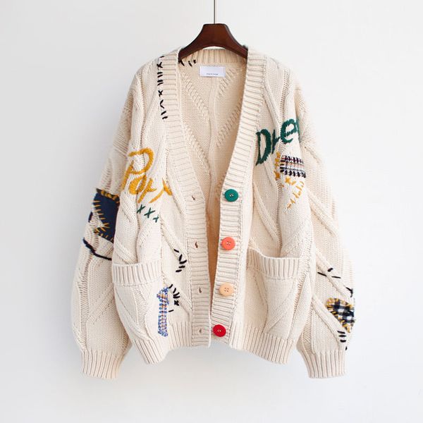 

women cardigan warm knitted sweater jacket pocket embroidery fashion knit cardigans coat lady loose sweaters, White;black