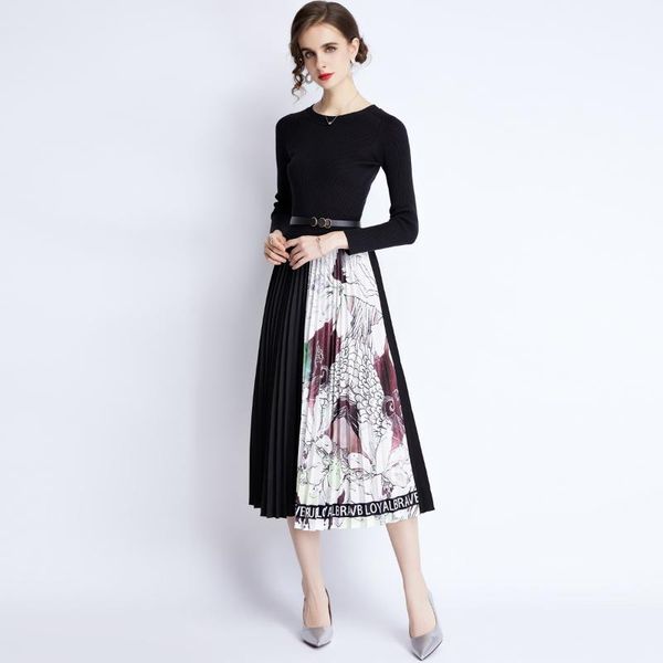 

casual dresses 2021 women a-line office lady draped mid-calf o-neck knitting cotton party night autumn, Black;gray