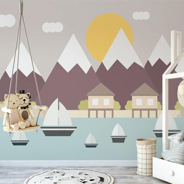 

wallpapers custom po 3d cartoon sailboat sunrise landscape wall painting children room bedroom decoration mural wallpaper for kids