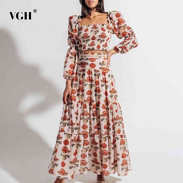 

casual print two piece set for women square collar puff long sleeve slim shirt high waist midi skirt elegant sets female 210507, White