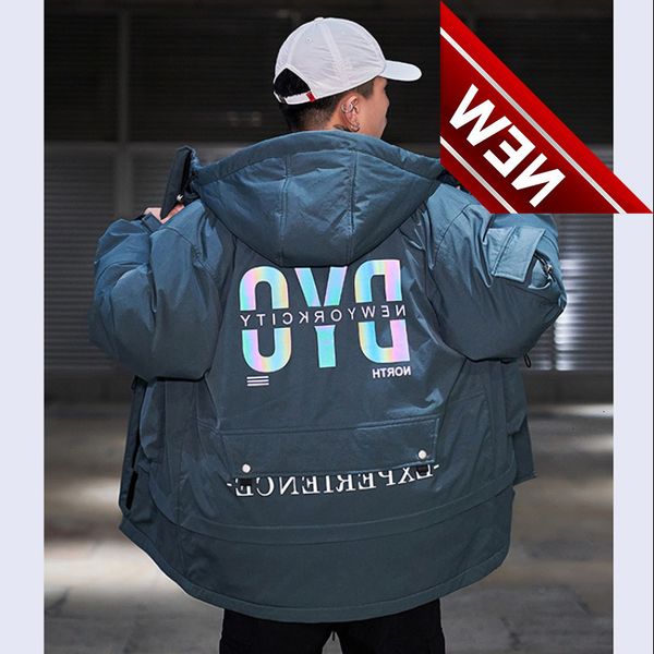 

men hip hop multi-pocket donw jacket streetwear colorful printing puffer jackets harajuku loose winter down jacket coats outwear, Black
