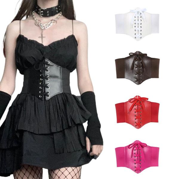 

belts 2021 trendy punk women corset cincher waist trainer girdle bustier bandage cummerbunds solid pu leather wide belt shapewear, Black;brown
