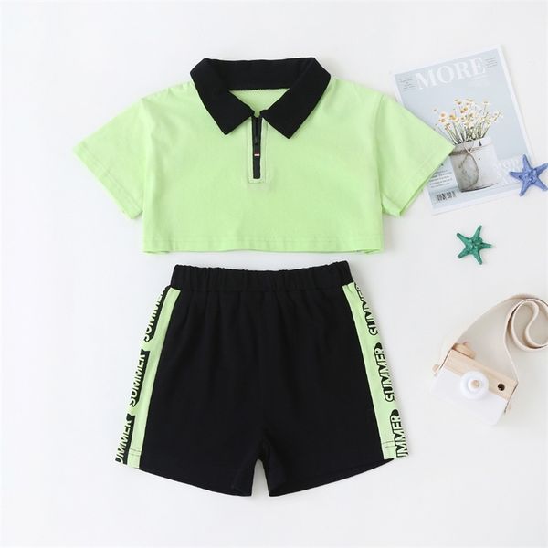 

summer children sets casual boys cotton short sleeve turn-down collar green t-shirt letter black shorts clothes 2t-6t 210629, White