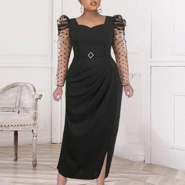 

plus size dresses women black dress mesh puff sleeve patchwork curve polka dot elegant ladies evening night party festival robe longue