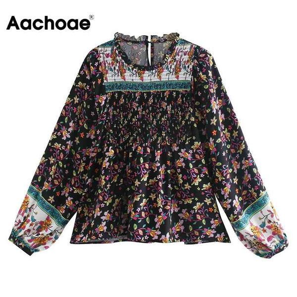 

aachoae women vintage o neck ruffles blouses bohemian floral print blouse female long sleeve shirts blusas mujer 210413, White