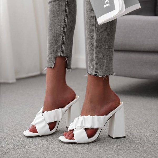 

women's pu leather summer pumps big size ladies pleated slipper woman peep toe slides women cross high heels female shoes slippers, Black