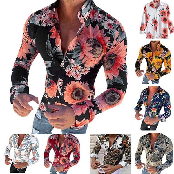

men's casual shirts designs stylish long sleeve autumn button-down mens shirt fashion holiday yellow floral print for men gk7n, White;black
