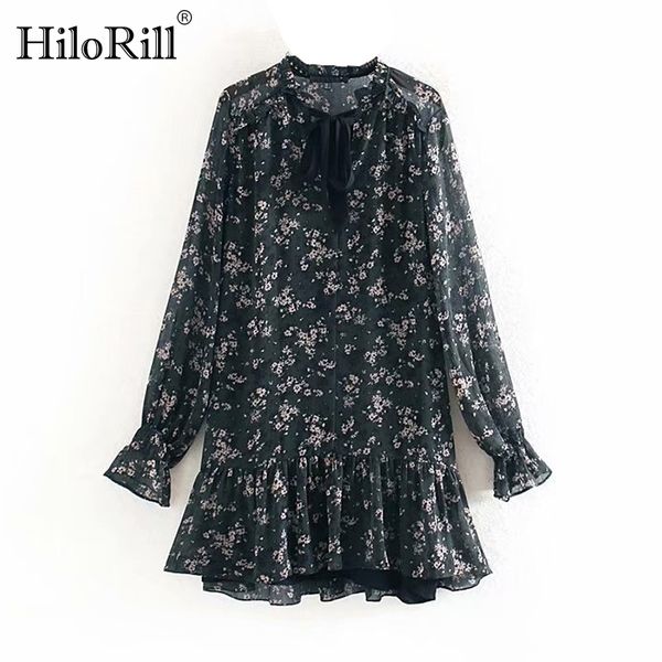 

women ruffle bow tie mini floral print dress long sleeve casual loose pleated ladies party es vestido 210508, Black;gray