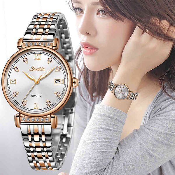 

sunkta rose gold white women watch business quartz watch ladies brand luxury female wrist watch girl clock relogio feminin 210517, Slivery;brown