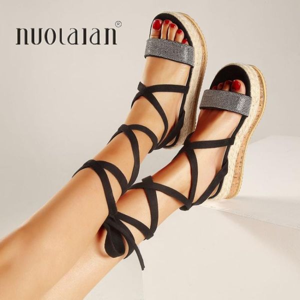 

women gladiator sandals summer ankle strap cross-tied platform lace-up ladies casual shoes woman, Black