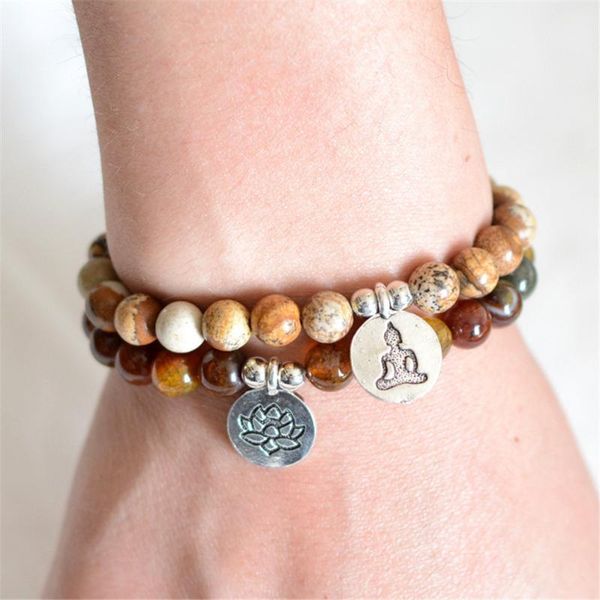 

8mm natural energy picture stone chakra bracelet yoga set lotus buddha statue pendant strand wholesal beaded, strands, Black