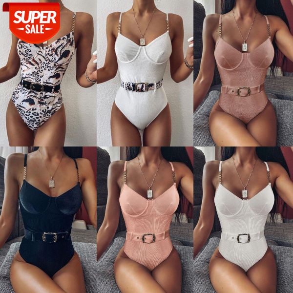 

bathing suits women's one-piece swimsuit special fabric waist buckle metal chain shoulder strap bikini 9318 #qx6u, White;black