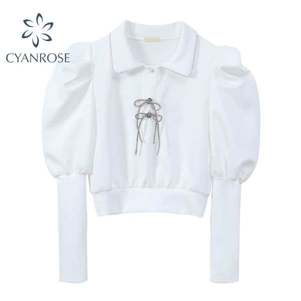 

chic crop blouses bownot elegant puff long sleeve shirts women lapel white&black retro ins pullover short blusas 210515