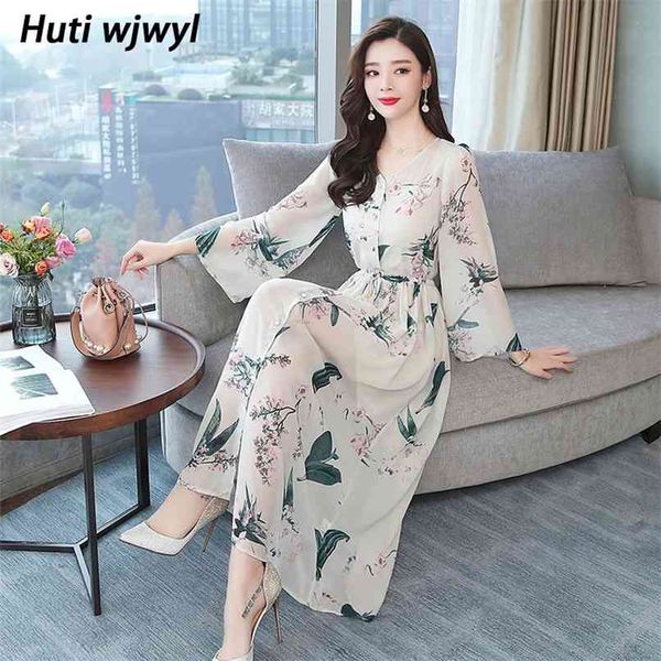 

floral chiffon boho beach sundress korean vintage autumn plus size midi dress elegant women long sleeve party maxi vestidos 210528, Black;gray