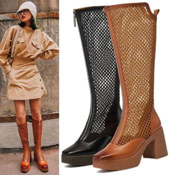 

boots platform shoes women's cow leather knee high sandals cuban heel punk creepers party 34 35 36 37 38 39, Black