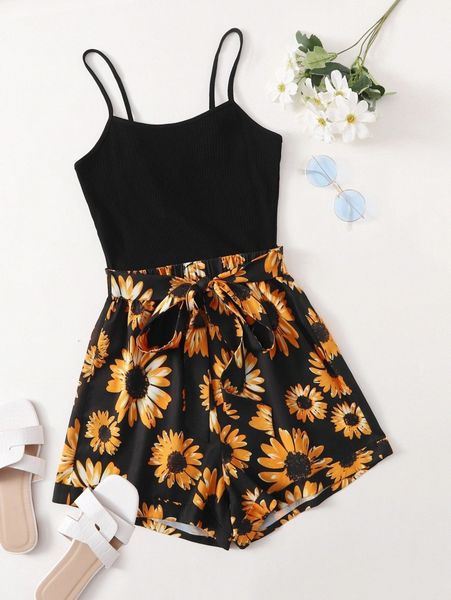 

self belted sunflower print cami romper y6fk#, White