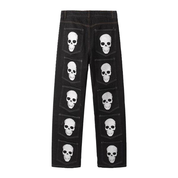 

men's jeans pocket skull print for men vibe style streetwear hip hop casual straight denim pants male black trousers, Blue