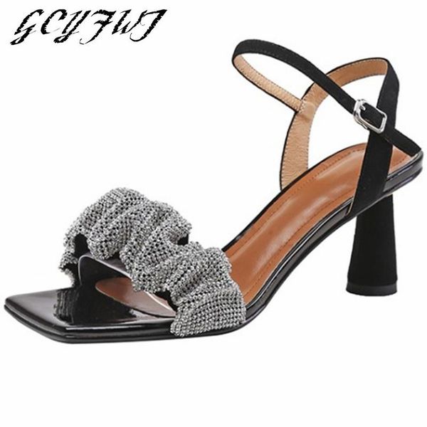 

sandals summer women crystal female shoes open toe and buckle strap platform office lady round heels square zapatos de mujer, Black