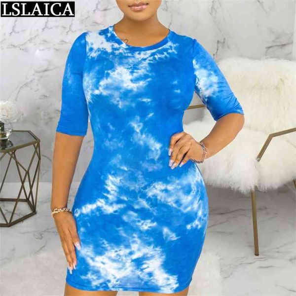 Bodycon Dress Women Fashion Round Neck Slip Abiti in forma per la notte Skinny Sexy Tie Dye Printing Vestido De Mujer 210515