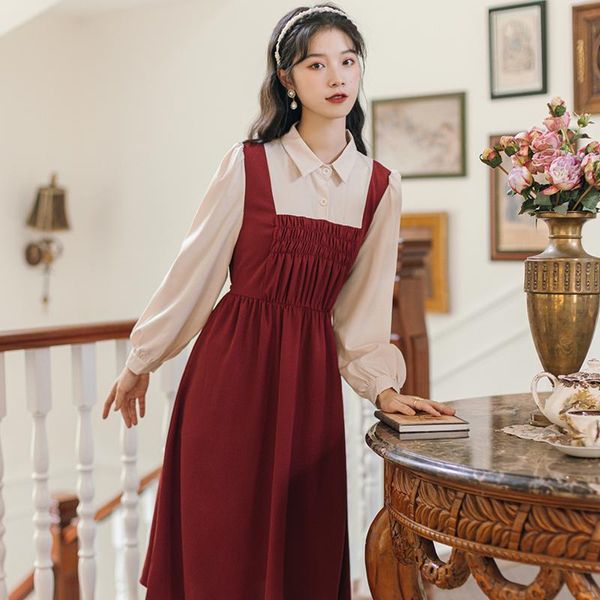 

casual dresses gentle cute dress lapel femininas shirt apricot stitching red fold elegant french female art girl fall retro midi, Black;gray