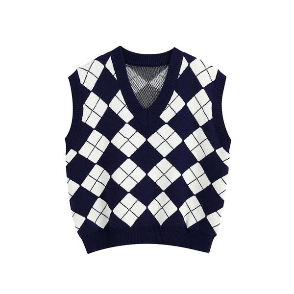 Mulheres Moda Inglaterra Estilo Argyle Pattern Malha Vest Sweater Vintage Sem Mangas Loose Feminino Waistcoat Chique Top 210521