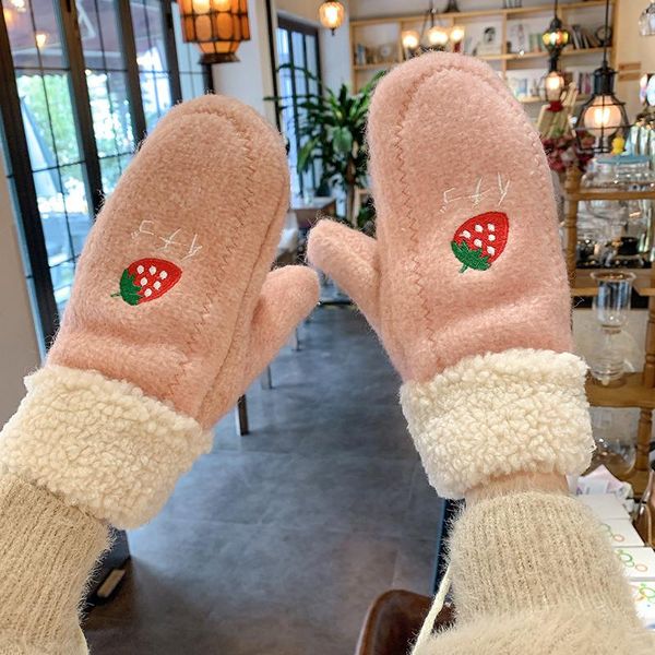 

five fingers gloves woman winter cycling with cute strawberry design add velvet thicken keep warm windbreak coldproof student c133, Blue;gray