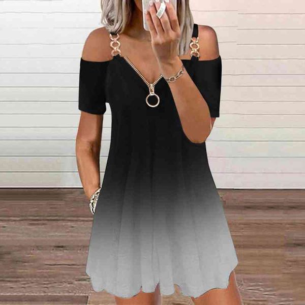 

gradient color zipper dress vintage strap open back summer dress casual v-neck short sleeve mini sundress vestidos 40, Black;gray